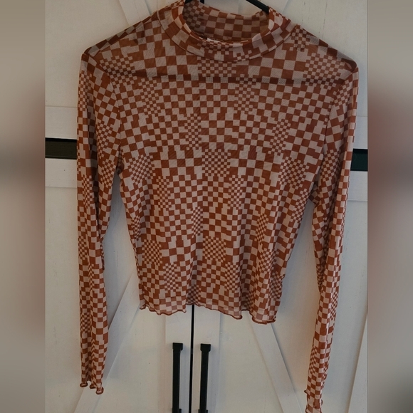Self Esteem Tops - Self Esteem Checkered Rust Long Sleeve Sheer Top